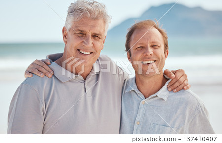 Beach, father or man hug in portrait together on a summer holiday vacation with smile or love. Family, son or happy man bonding with face of proud dad or senior parent at sea in Australia to relax 137410407
