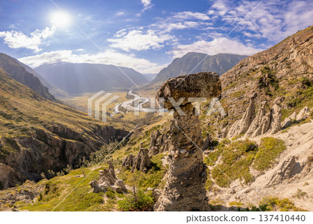 Aerial panaramic view to Natural formations stone mushrooms in Akkurum tract against blue sky, rock formations of a bizarre shape in sunny day. Ulagan Chulyshman river Valley, Altai Republic, Russia 137410440