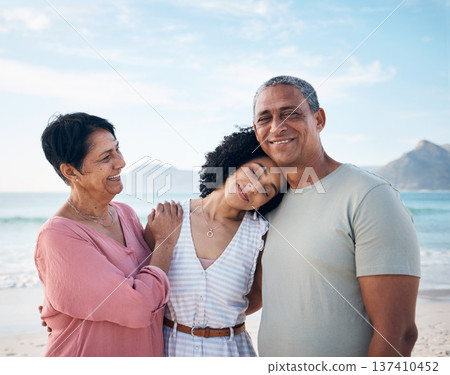 Beach, senior couple and adult daughter hug together with smile, love and blue sky on summer holiday in Mexico. Embrace, happy family and mature mom, dad and woman on ocean holiday travel in nature. Beach, senior couple and adult daughter hug together with smile, love and blue sky on summer holiday in Mexico. Embrace, happy family and mature mom, dad and woman on ocean holiday travel in nature. 137410452
