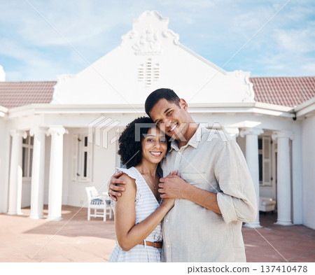 New home, happy and portrait of couple hug for house, property and real estate investment. Homeowner, marriage and man and woman embrace for care, trust and excited for purchase, buying and mortgage New home, happy and portrait of couple hug for house, property and real estate investment. Homeowner, marriage and man and woman embrace for care, trust and excited for purchase, buying and mortgage 137410478
