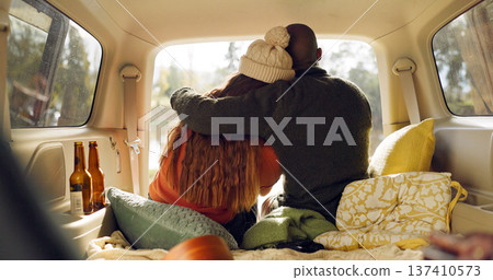 Road trip, nature and couple hug in car from back, relax on adventure together with love and freedom. Camping journey, black man and woman embrace in van, romantic travel holiday at lake in camper. 137410573