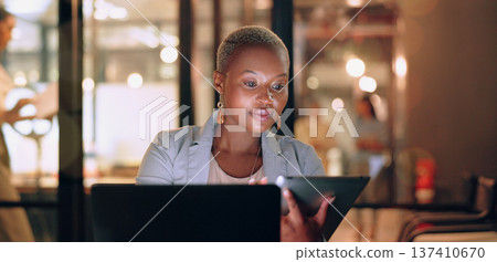 Black woman, focus with tablet for research online and reading digital report or article for project. Busy, corporate and technology, email and networking with typing and sign virtual document Black woman, focus with tablet for research online and reading digital report or article for project. Busy, corporate and technology, email and networking with typing and sign virtual document 137410670