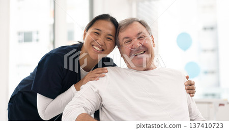 Hospital, nurse and senior man hug for comfort, empathy and support for cancer patient. Healthcare, clinic and portrait of female health worker embrace male person for medical care, service and help Hospital, nurse and senior man hug for comfort, empathy and support for cancer patient. Healthcare, clinic and portrait of female health worker embrace male person for medical care, service and help 137410723