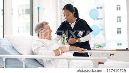 Senior man, stethoscope or nurse check medical health, breathing or patient cardiology, lungs exam or elderly care. Hospital bed, retirement home or healthcare person, doctor or caregiver test client Senior man, stethoscope or nurse check medical health, breathing or patient cardiology, lungs exam or elderly care. Hospital bed, retirement home or healthcare person, doctor or caregiver test client 137410729
