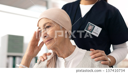 Comfort, senior woman and cancer patient with nurse in hospital for support, healthcare and thinking. Sick elderly person, hand of medical professional and hope, empathy and courage in consultation 137410734
