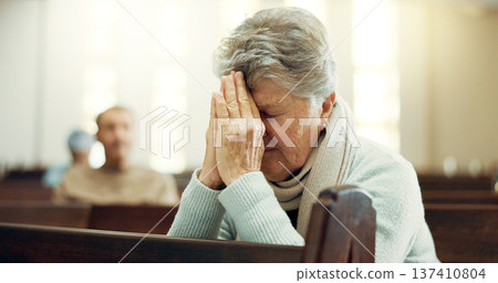 Worship, praying or old woman in church for God, holy spirit or religion in cathedral or Christian community. Faith, spiritual or elderly person in chapel sanctuary to praise Jesus Christ with hope 137410804