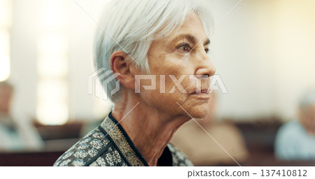 Senior, prayer or old woman in church for God, holy spirit or religion in cathedral or Christian community. Faith, spiritual or face of elderly person in chapel or sanctuary to praise Jesus Christ 137410812