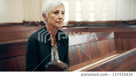 Church, bible or senior Christian woman ready to worship God, holy spirit or religion in cathedral alone. Faith, mature spiritual lady or elderly person in chapel praying to praise Jesus Christ 137410816