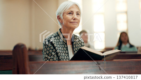 Bible, religion and a senior woman in a church for a sermon on faith or christian belief while sitting in a pew. Prayer, worship or reading with an elderly female person hearing about God and Jesus 137410817