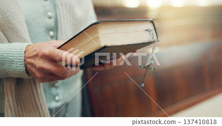 Walking, bible or hands of woman in church ready to worship God, holy spirit or religion in Christian cathedral. Faith, spiritual lady or person in chapel praying to praise Jesus Christ with rosary 137410818