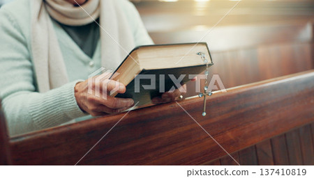 Rosary, bible or hands of woman in church for God, holy spirit or religion with faith in Christian cathedral. Jewelry closeup, spiritual lady or person in chapel praying to praise Jesus Christ alone 137410819