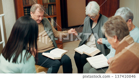 Praying, worship and holding hands with people in bible study for support, Christian and spiritual. Community, faith and religion with prayer group in church for connection, hope and meeting together 137410846