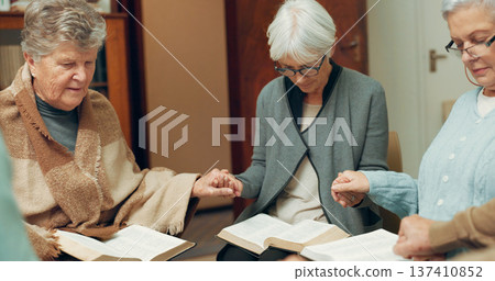 Praying, support and holding hands with people in bible study for worship, Christian and spiritual. Community, faith and religion with prayer group in church for connection, hope and meeting together 137410852