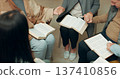 Praying, closeup and holding hands with people in bible study for support, Christian and spiritual. Community, faith and religion with prayer group in church for connection, worship and meeting 137410856