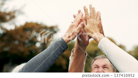 High five, partnership and a group of senior friends together in a park for motivation, success or celebration. Team building, support and community with elderly people bonding outdoor in a garden High five, partnership and a group of senior friends together in a park for motivation, success or celebration. Team building, support and community with elderly people bonding outdoor in a garden 137410952