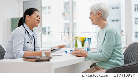 Medical consultation, tablet and senior woman, doctor and talk to patient, explain hospital services or healthcare insurance. Chat, results or cardiology worker consulting, advice or help old person 137410987