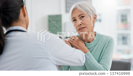 Physiotherapist, senior woman and check shoulder for rehabilitation help, recovery support or joint injury. Chiropractor consultation talk, elderly patient or physiotherapy doctor for medical service Physiotherapist, senior woman and check shoulder for rehabilitation help, recovery support or joint injury. Chiropractor consultation talk, elderly patient or physiotherapy doctor for medical service 137410999