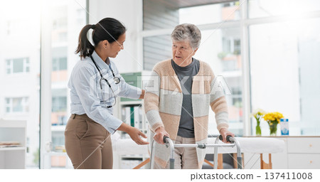 Physical therapy, walker or doctor nursing old woman in retirement or hospital for wellness or support. Exercise, caregiver helping or elderly patient learning with walking frame in rehabilitation Physical therapy, walker or doctor nursing old woman in retirement or hospital for wellness or support. Exercise, caregiver helping or elderly patient learning with walking frame in rehabilitation 137411008