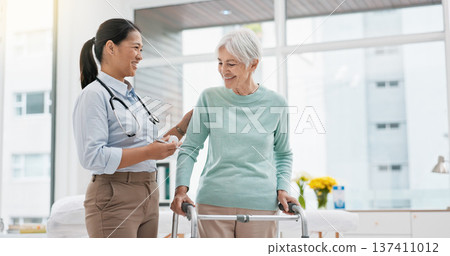 Rehabilitation, walker or doctor walking with old woman in retirement or hospital for wellness or support. Physio, nurse helping or elderly patient learning with frame in physical therapy recovery Rehabilitation, walker or doctor walking with old woman in retirement or hospital for wellness or support. Physio, nurse helping or elderly patient learning with frame in physical therapy recovery 137411012