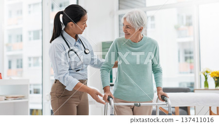 Rehabilitation, walker or doctor walking with old woman in retirement or hospital for wellness or support. Physio, nurse helping or elderly patient learning with frame in physical therapy recovery Rehabilitation, walker or doctor walking with old woman in retirement or hospital for wellness or support. Physio, nurse helping or elderly patient learning with frame in physical therapy recovery 137411016