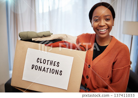 Clothes donation, charity and woman portrait with box for nonprofit and cardboard container at home. African female person, donating and house with giveaway for community support with packing 137411033