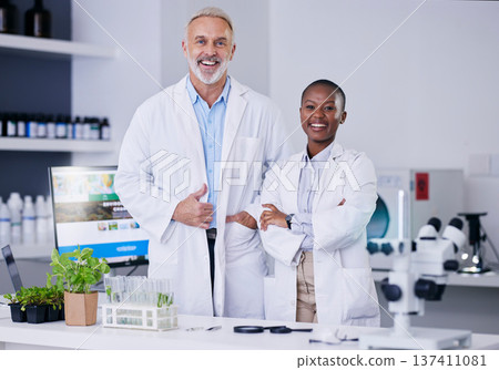 Portrait, scientist team and people with arms crossed in laboratory for research, work and experiment of plants. Happy, science doctor and confident medical professional, student and mentor together Portrait, scientist team and people with arms crossed in laboratory for research, work and experiment of plants. Happy, science doctor and confident medical professional, student and mentor together 137411081