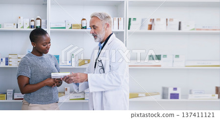 Pharmacist, medicine box or black woman question healthcare worker on pills, package or pharmaceutical. Pharmacy consultation, supplement or African customer ask expert advice, recommendation or help Pharmacist, medicine box or black woman question healthcare worker on pills, package or pharmaceutical. Pharmacy consultation, supplement or African customer ask expert advice, recommendation or help 137411121
