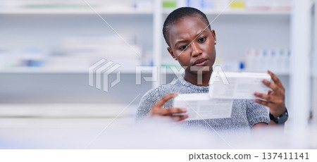 Pharmacy, product choice and black woman, customer or client reading pills box label, instruction or medication. Mockup space, supplements comparison and African person with medicine brand decision Pharmacy, product choice and black woman, customer or client reading pills box label, instruction or medication. Mockup space, supplements comparison and African person with medicine brand decision 137411141