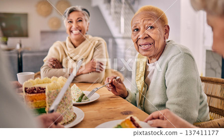 Cake, conversation and senior people eating at a tea party or event in dining room at a house. Fun, talking and group of elderly friends enjoying dessert or sweet snack together in retirement home. 137411177