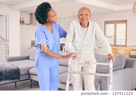 Nurse, elderly woman and walking frame for support, healthcare service and health portrait at home. Medical physiotherapy, doctor helping and african elderly patient with disability in living room Nurse, elderly woman and walking frame for support, healthcare service and health portrait at home. Medical physiotherapy, doctor helping and african elderly patient with disability in living room 137411228