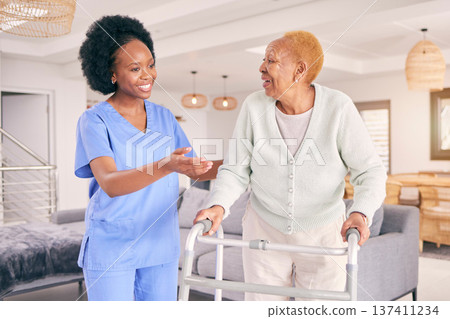 Doctor, elderly woman and walking frame for support, healthcare service and nursing or caregiver helping. Medical physiotherapy, happy nurse and senior african patient with disability in living room Doctor, elderly woman and walking frame for support, healthcare service and nursing or caregiver helping. Medical physiotherapy, happy nurse and senior african patient with disability in living room 137411234