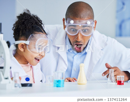 Happy, father and girl with chemistry experiment, education and learning with wow, excited and school. Family, male parent or child with science, project and medical research with knowledge and omg Happy, father and girl with chemistry experiment, education and learning with wow, excited and school. Family, male parent or child with science, project and medical research with knowledge and omg 137411264