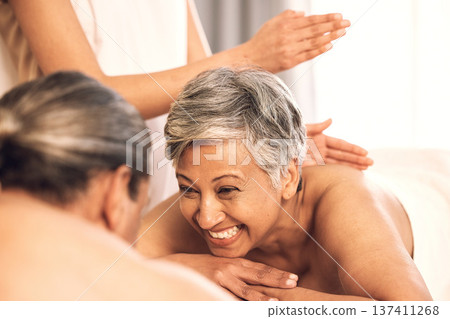 Spa, wellness and couple on massage table for luxury, resort and vacation with stress relief, zen and peace. People, senior man and mature woman with happiness, holiday and body care with treatment 137411268