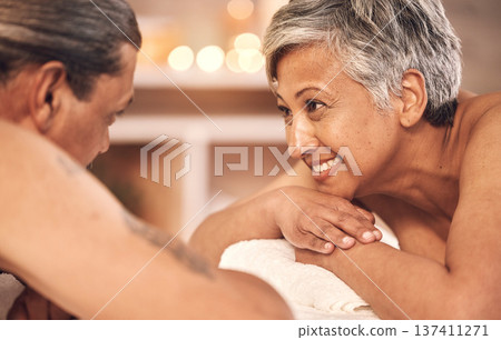 Romance, massage and couple relax in spa for holiday, vacation and anniversary celebration. Retirement, luxury resort and mature man and woman in salon for beauty, therapy and skincare treatment Romance, massage and couple relax in spa for holiday, vacation and anniversary celebration. Retirement, luxury resort and mature man and woman in salon for beauty, therapy and skincare treatment 137411271