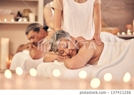 Luxury, massage and zen with old couple in spa for vacation, relax and beauty salon. Peace, wellness and holiday with senior woman and man in hotel villa for retirement, oil treatment and body care Luxury, massage and zen with old couple in spa for vacation, relax and beauty salon. Peace, wellness and holiday with senior woman and man in hotel villa for retirement, oil treatment and body care 137411288