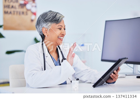 Hello, woman and doctor with a tablet, video call and connection with healthcare, greeting and medical advice. Wave, employee and medical professional with technology, support and online consultation 137411334