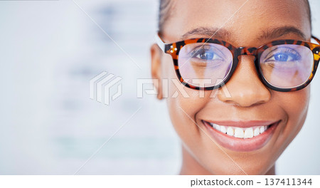 Face, black woman and glasses in ophthalmology, smile and vision in healthcare for wellness in hospital. Portrait, frame and African person in eyewear, lens or prescription spectacles on mockup space 137411344