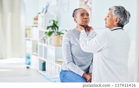 Doctor, patient and feel throat in hospital of a black woman with virus, pain or infection. Health care worker and sick person check glands or sore neck for thyroid, tonsils or medical lymph nodes Doctor, patient and feel throat in hospital of a black woman with virus, pain or infection. Health care worker and sick person check glands or sore neck for thyroid, tonsils or medical lymph nodes 137411416