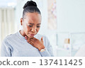 Sick, chest and black woman with sore throat at home for influenza, cold or allergies on wall background. Cough, tuberculosis and African lady choking, infection or breathing, lung or problem 137411425