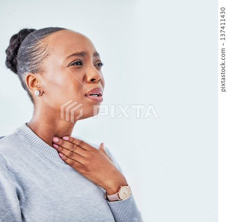 Sick, mockup and black woman with sore throat in studio for influenza, cold or allergies on white background. Cough, tuberculosis and African lady with chest, infection or breathing, lung or problem Sick, mockup and black woman with sore throat in studio for influenza, cold or allergies on white background. Cough, tuberculosis and African lady with chest, infection or breathing, lung or problem 137411430