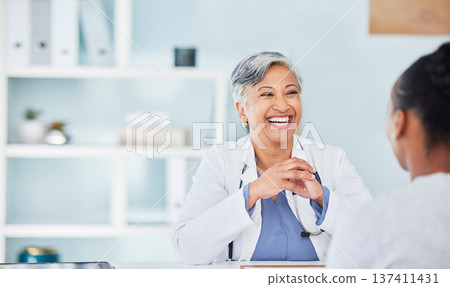 Doctor, medical woman and office in consultation, support and services, helping or advice. Professional healthcare worker, patient or people consulting with happy news, clinic information or talking Doctor, medical woman and office in consultation, support and services, helping or advice. Professional healthcare worker, patient or people consulting with happy news, clinic information or talking 137411431