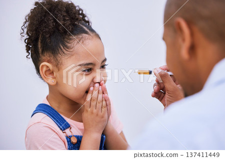 Virus, syringe and disgust with child and medicine for consulting, helping and illness. Medical, healthcare and cough syrup with young girl and parent in family home for wellness, care or supplements 137411449