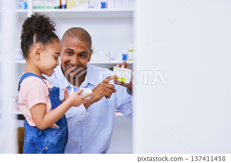 Pharmacy, child and family with medication, learning and healthcare study for education. Pharmacist, father and young girl together with a smile from pharmaceutical research and kid development 137411458