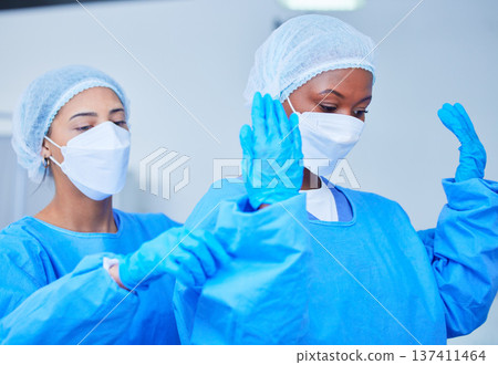 Doctor, theatre clothes and medical expert for surgery, operation, emergency and healthcare in hospital. Surgeon, women and professional nurse in teamwork and support for health, work and medicine 137411464