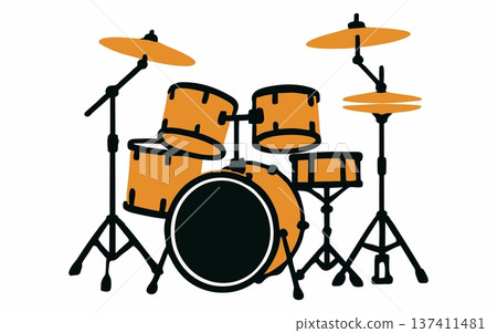 Cartoon illustration of a complete drum set. 137411481