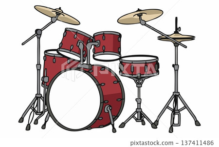 Cartoon illustration of a complete drum set. 137411486