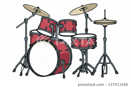 Cartoon illustration of a complete drum set. 137411488