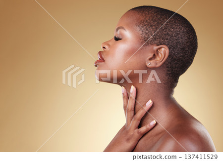 Face, beauty and makeup of a black woman in studio for self care, skin glow or cosmetics. Profile of African aesthetic model person with facial shine, dermatology and mockup space on beige background 137411529
