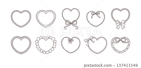 Girly heart frame set with lace, bows and frills. Valentine Heart borders in hand drawn vector style for wedding cards, romantic labels and cute invitations Girly heart frame set with lace, bows and frills. Valentine Heart borders in hand drawn vector style for wedding cards, romantic labels and cute invitations 137411549
