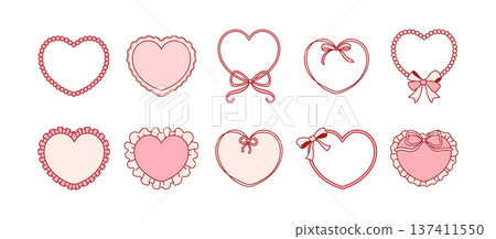Pink heart frame collection with lace, bows and frills. Romantic Valentine Red borders in vintage coquette vector style for wedding cards, labels and invitations Pink heart frame collection with lace, bows and frills. Romantic Valentine Red borders in vintage coquette vector style for wedding cards, labels and invitations 137411550